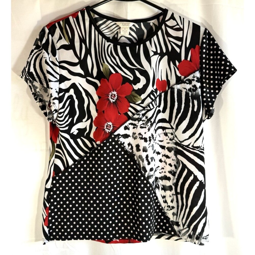 Christopher & Banks Black White Zebra Mix Top with Red Floral Accents